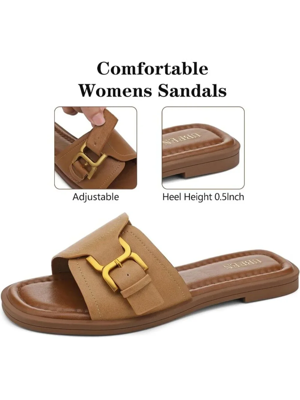 Women's Light Brown Square Toe Flat Sandals Slides Dressy Comfortable for Casual